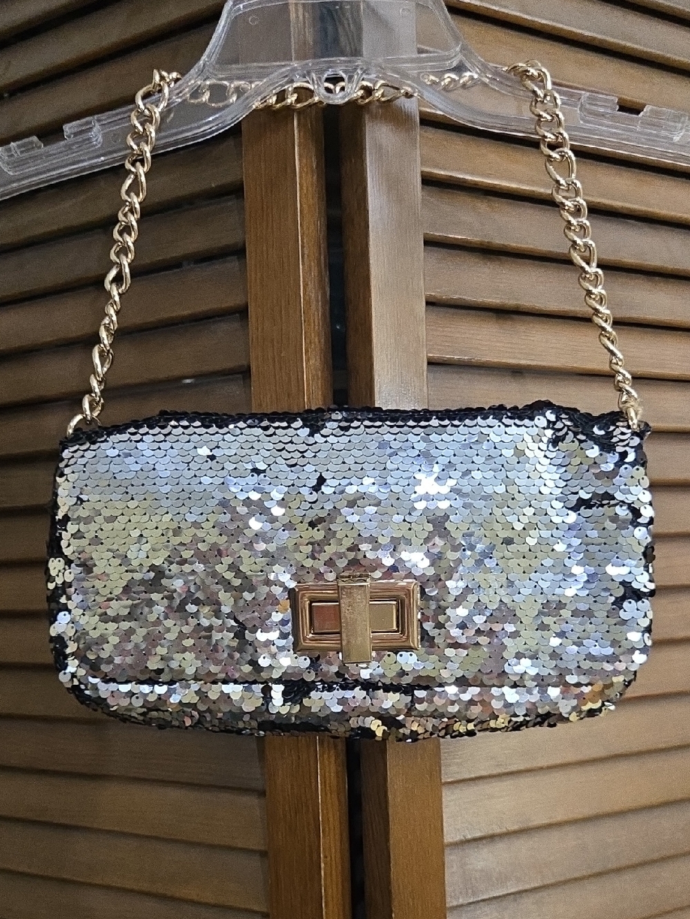 H&M Iridescent Sequin Chain Shoulder Bag with Gold Hardware